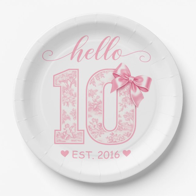 Plato De Papel Hola 10 Cumpleaños | Rosa Hola 10 Año Personalizad (Anverso)