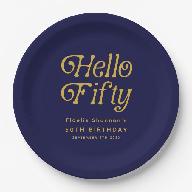 Plato De Papel Hola 50 Retro Fiesta de Cumpleaños (Anverso)