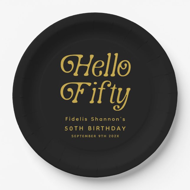 Plato De Papel Hola 50 Retro Fiesta de Cumpleaños (Anverso)