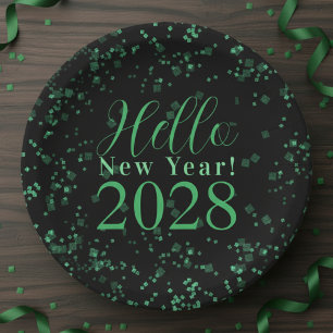 Plato De Papel ¡Hola Año Nuevo! Nochevieja Verde Negro Brillante