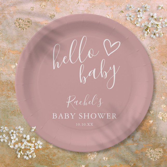 Plato De Papel Hola Baby Boho Dusty Rosa Chica Baby Shower (Hello Baby Boho Dusty Rose Girl Baby Shower Paper Plates)