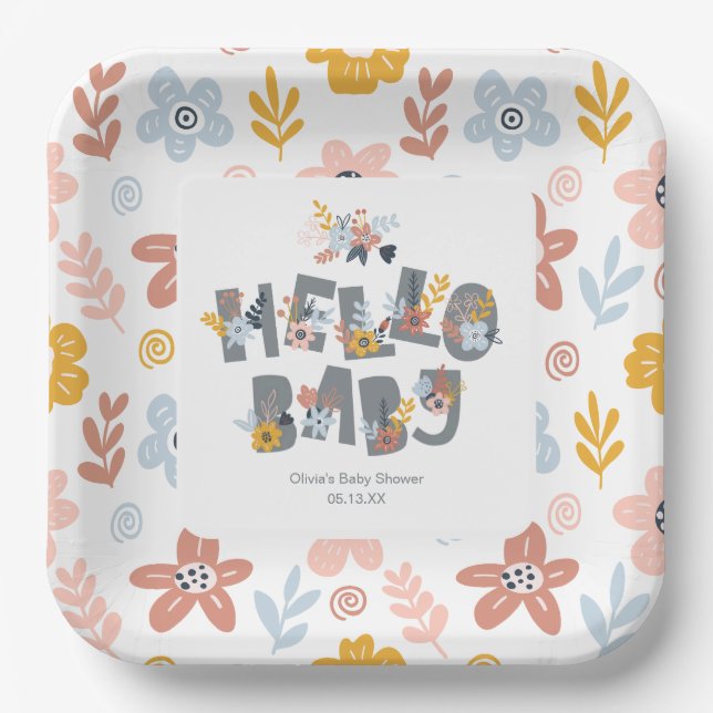 Plato De Papel Hola Baby Boho Floral Placas de papel Baby Shower (Anverso)