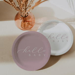 Plato De Papel Hola Baby Pink Script Minimalista Baby Shower