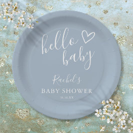 Plato De Papel Hola Baby Shower Baby Boy Dusty Blue Cute Heart