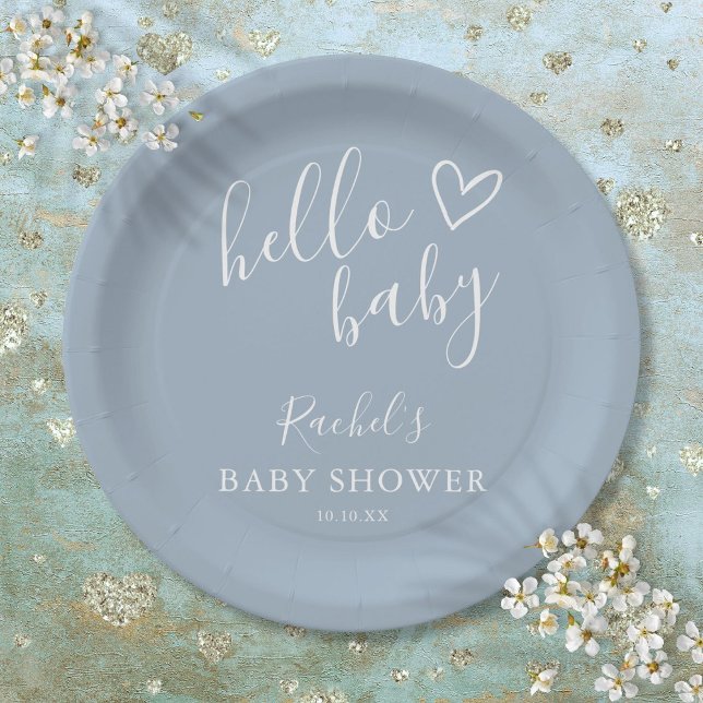 Plato De Papel Hola Baby Shower Baby Boy Dusty Blue Cute Heart (Hello Baby Shower Baby Boy Dusty Blue Cute Heart Paper Plates)