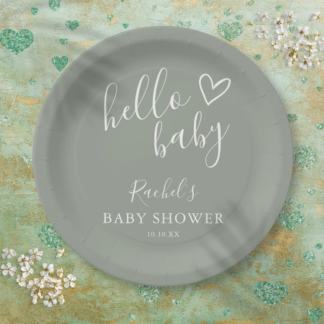 Plato De Papel Hola Baby Shower Género Neutral Boho Sage Green (Hello Baby Shower Gender Neutral Boho Sage Green Paper Plates)