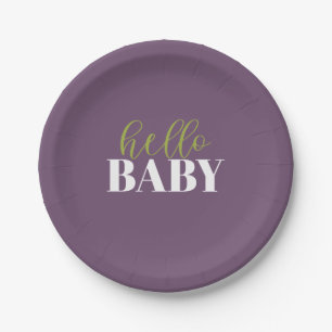 Plato De Papel Hola, bebé   Baby Shower morado y verde