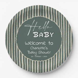 Plato De Papel Hola Bebé Rayas Verde Oscuro Baby Shower