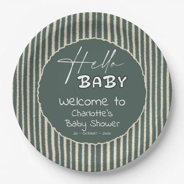 Plato De Papel Hola Bebé Rayas Verde Oscuro Baby Shower (Anverso)