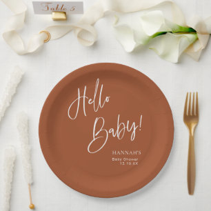Plato De Papel Hola bebé Terracotta Bohemian Earthy Baby Shower