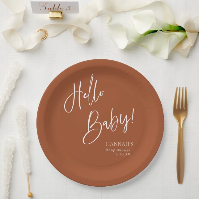 Plato De Papel Hola bebé Terracotta Bohemian Earthy Baby Shower (Boda)