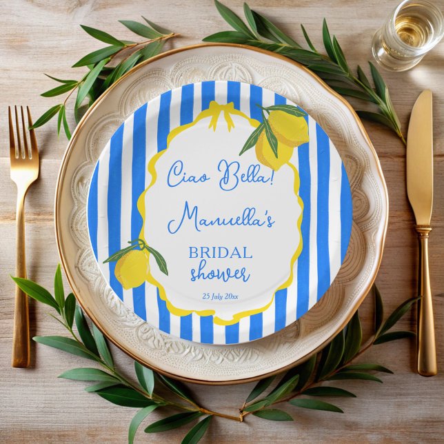 Plato De Papel Hola bella rayas azules limones despedida de solte (Ciao bella blue stripes lemons wavy border dolce vita Italian bridal shower monogrammed paper plates)