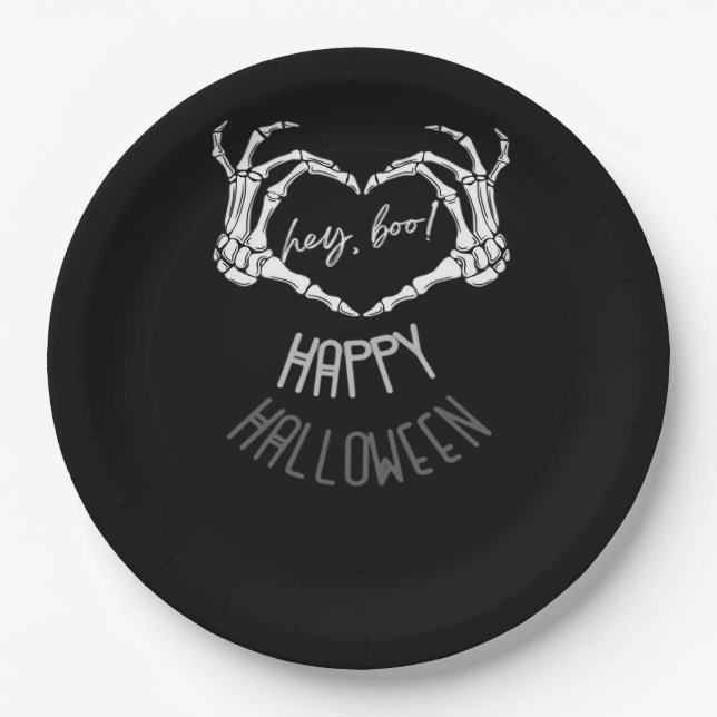 Plato De Papel ¡Hola, Boo! Felices Halloween Skeleton Hand Heart  (Anverso)