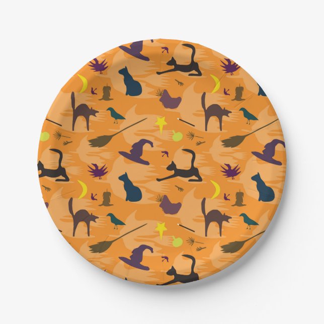 Plato De Papel Hola Bruja - sin fisuras patrón de Halloween. (Anverso)