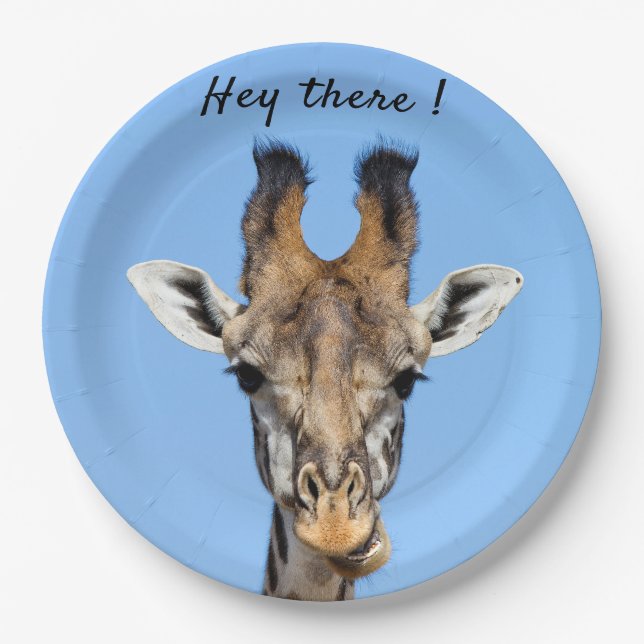 Plato De Papel Hola, divertida foto de Giraffe con texto (Anverso)