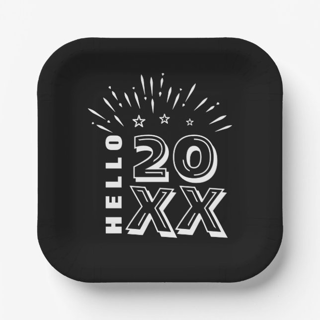 Plato De Papel Hola Feliz Año Nuevo Fuegos artificiales Estrellas (Anverso)