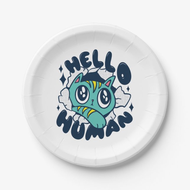 Plato De Papel Hola gato humano (Anverso)