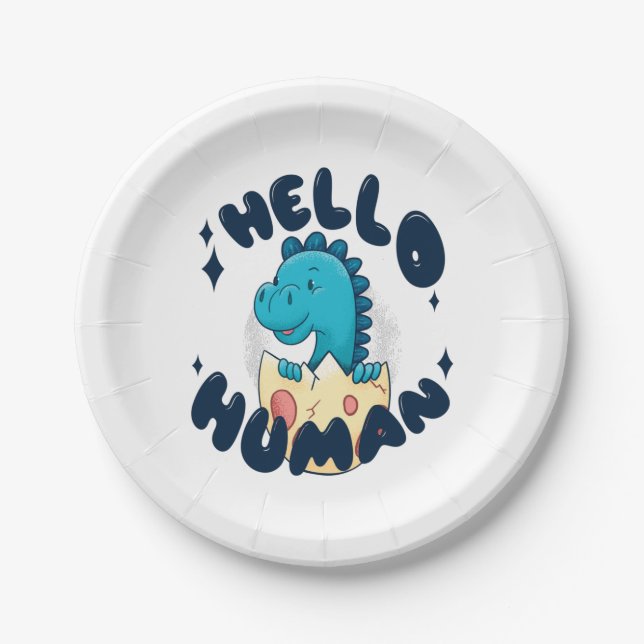 Plato De Papel Hola humano divertido Dinosaurio (Anverso)