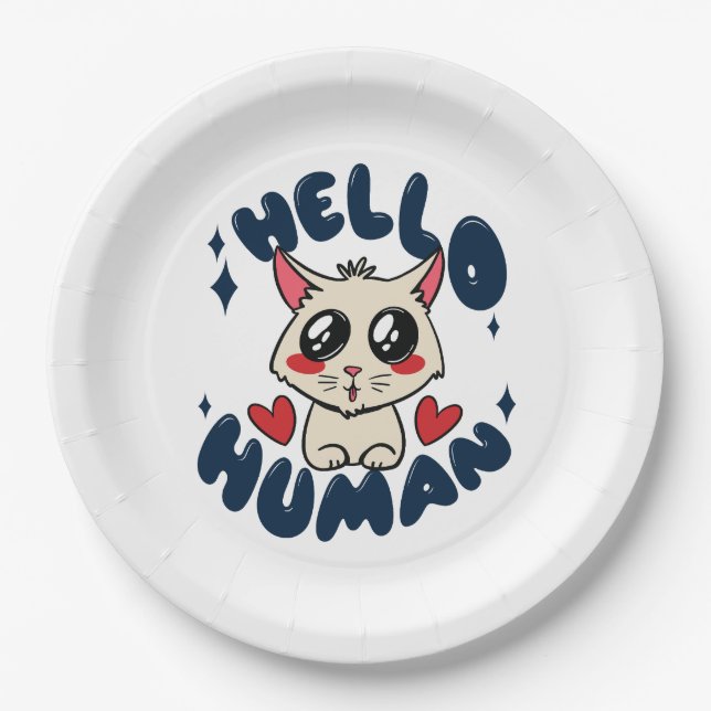 Plato De Papel Hola humano Gatito Lindo (Anverso)