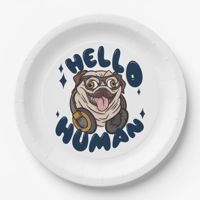 Plato De Papel Hola humano Perro lindo (Anverso)