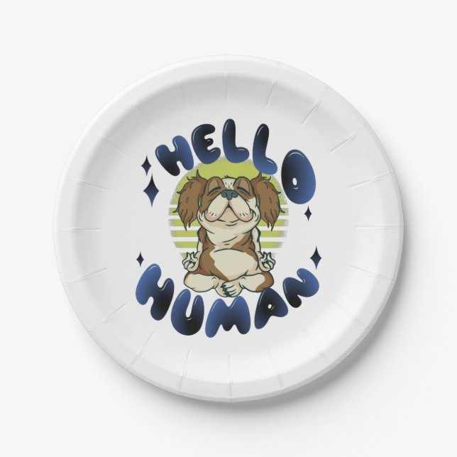 Plato De Papel Hola humano Perro meditando yoga (Anverso)