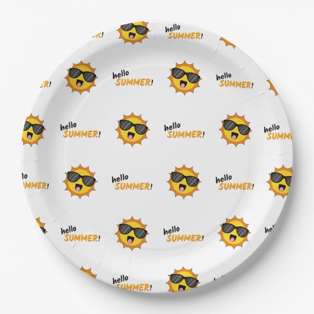 Plato De Papel Hola Sol de verano con gafas de sol (Anverso)