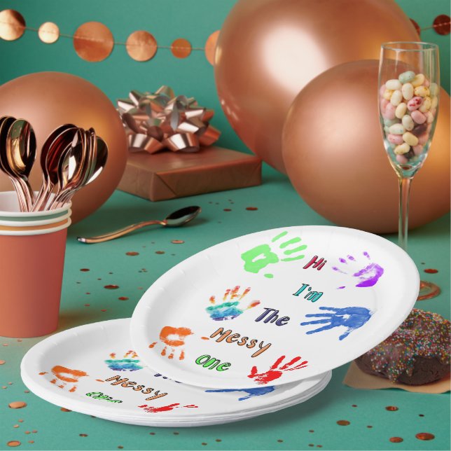 Plato De Papel Hola, soy el desordenado - Paint Handprints (Multi)