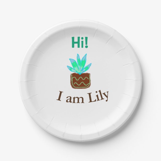 Plato De Papel Hola soy Lily cactus succulum añadir nombre acuare (Anverso)