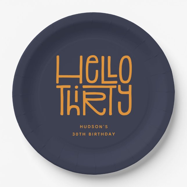 Plato De Papel HOLA TREINTA Cumpleaños moderno número 30 (Anverso)