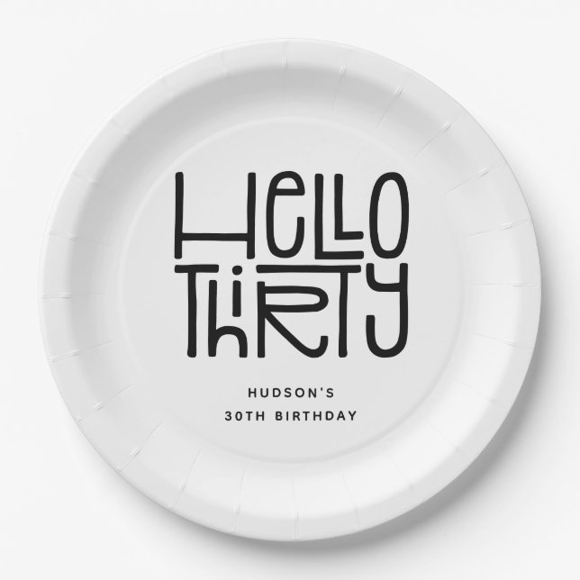Plato De Papel HOLA TREINTA Cumpleaños moderno número 30 (Anverso)