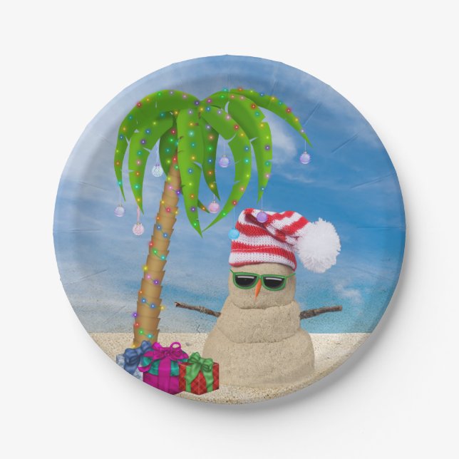 Plato De Papel Holiday Beach Sand Man con palmera (Anverso)