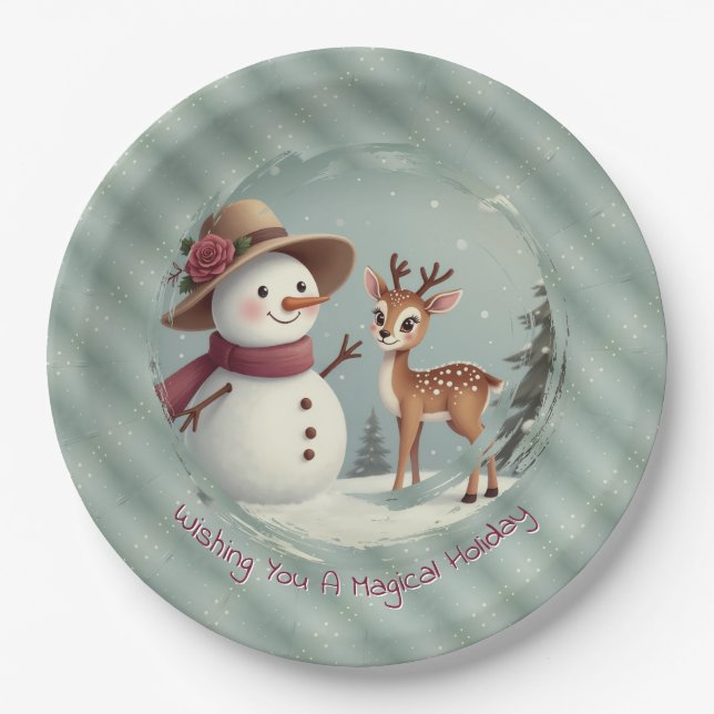 Plato De Papel Holiday Designed Snowman And Deer (Anverso)