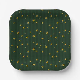 Plato De Papel Holiday Green Yellow Stripe Star Christmas 