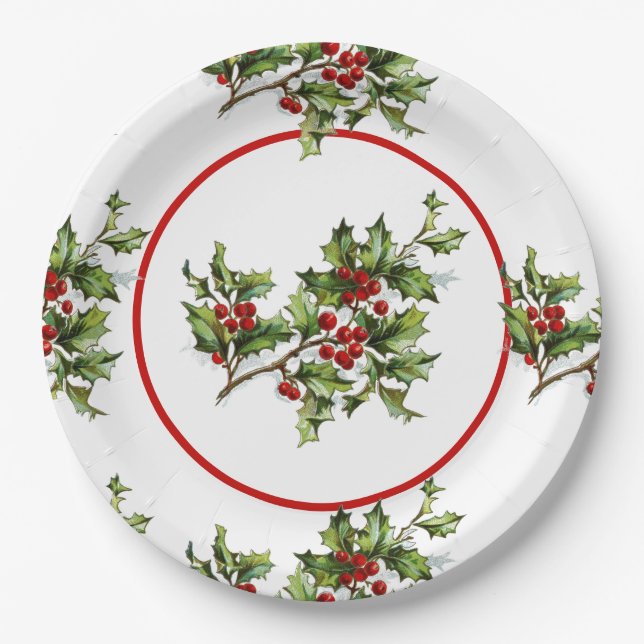 Plato De Papel Holiday Holly Retro Style Gift (Anverso)