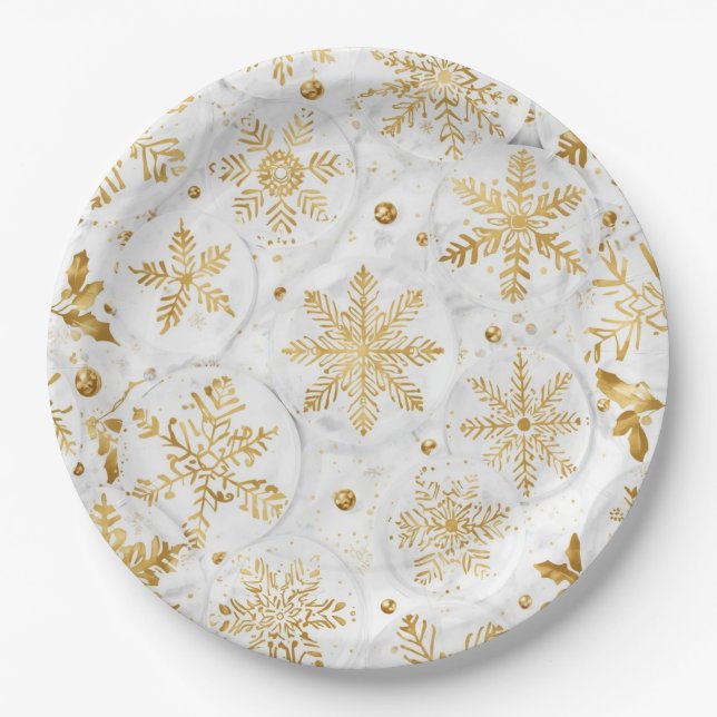 Plato De Papel Holiday paper plate in gold and white (Anverso)