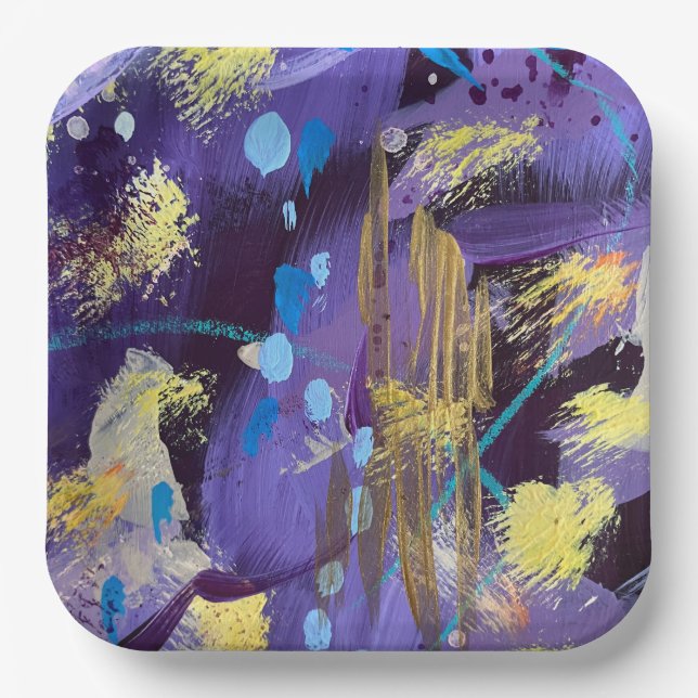 Plato De Papel Holiday Purple, Blue, and Gold Abstract Art (Anverso)