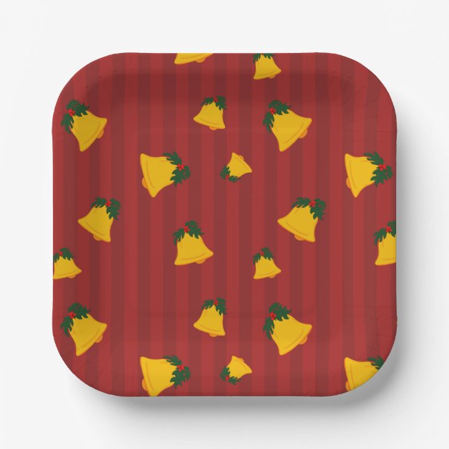 Plato De Papel Holiday Red Gold Stripe Bells Christmas (Anverso)