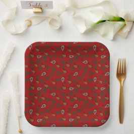 Plato De Papel Holly and Paisley Holiday Red