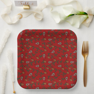 Plato De Papel Holly and Paisley Holiday Red
