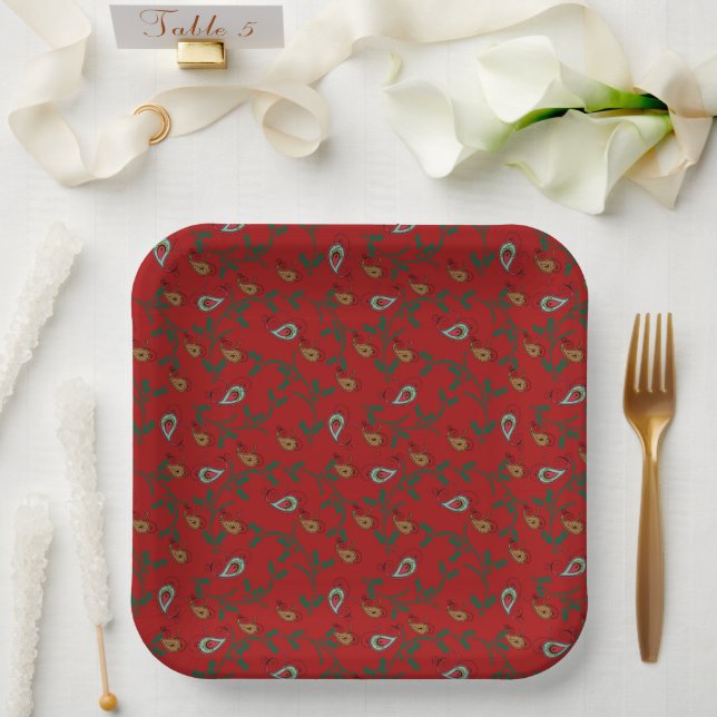 Plato De Papel Holly and Paisley Holiday Red (Boda)