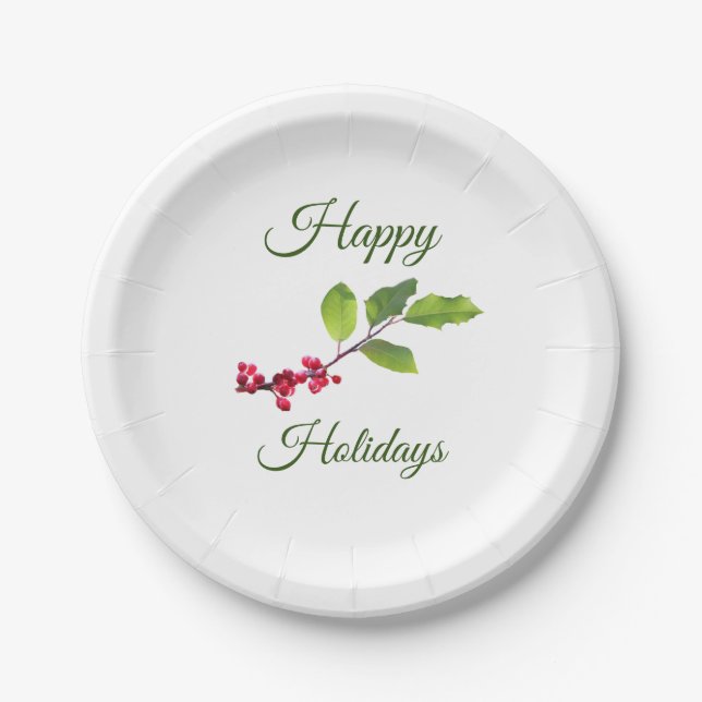 Plato De Papel Holly berries felices Navidades de vacaciones (Anverso)