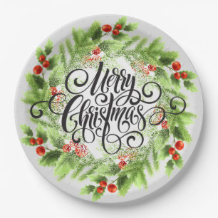 Plato De Papel Holly Berries Feliz Navidad