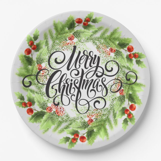 Plato De Papel Holly Berries Feliz Navidad (Anverso)