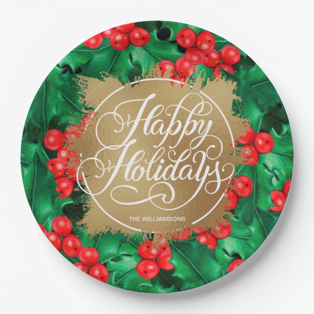 Plato De Papel Holly Berries Gold Faux Relieve metalizado Holiday (Anverso)