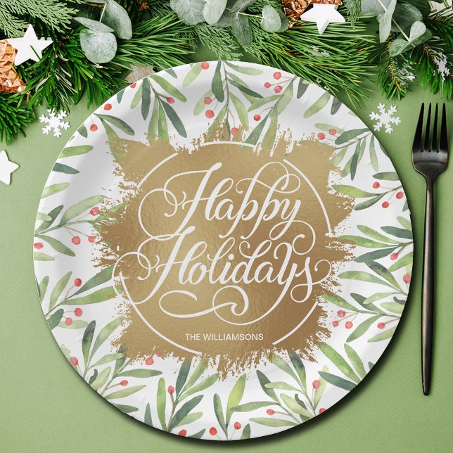 Plato De Papel Holly Berries Gold Faux Relieve metalizado Holiday (Personalized branch and berries on gold faux foil Happy Holiday paper plates)