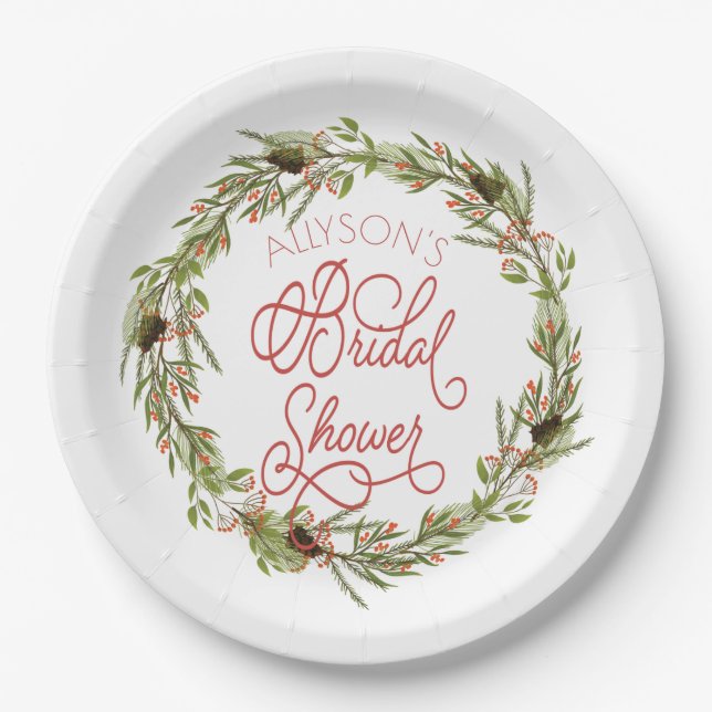 Plato De Papel Holly Berries Pine Wreath Holiday Bridal Shower (Anverso)