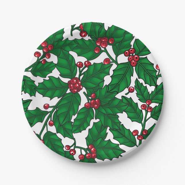 Plato De Papel Holly berry sobre blanco (Anverso)