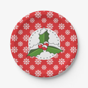 Plato De Papel Holly Berry sobre el patrón de copos de nieve blan
