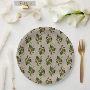 Plato De Papel Holly con bayas rojas en tierra de linea vintage