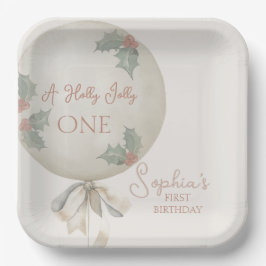 Plato De Papel Holly Jolly ONE Christmas Vintage Balloon Birthday